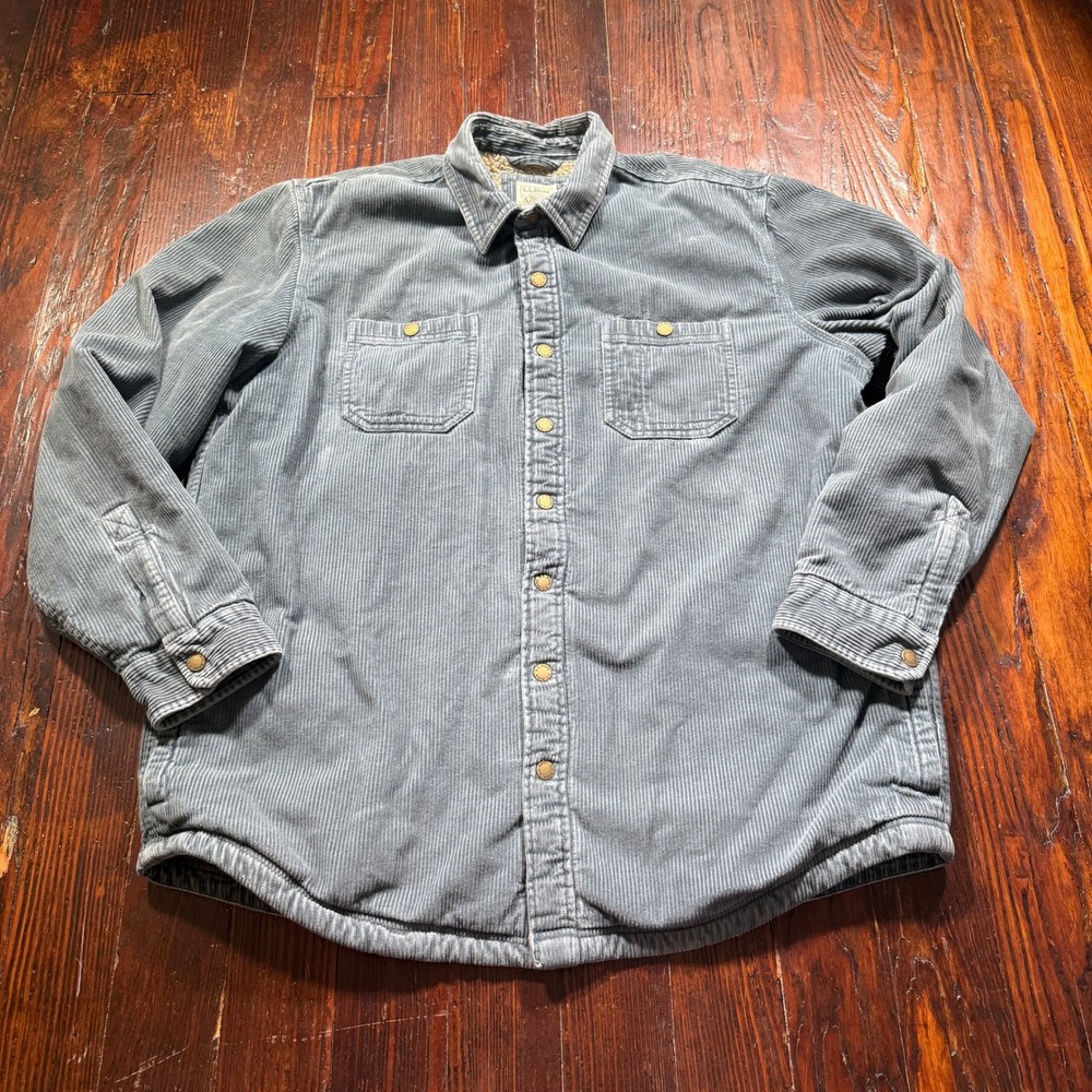 LL Bean Corduroy Shacket Mens LT Blue Gray Sherpa Lined Shirt Jacket 512342